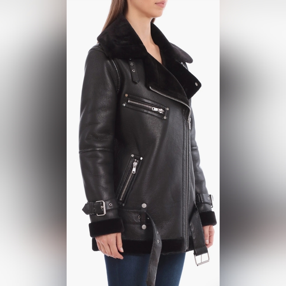 Avec Les Filles Faux Shearling Trim Faux Leather Oversized Biker Moto Jacket XS - Picture 2 of 13